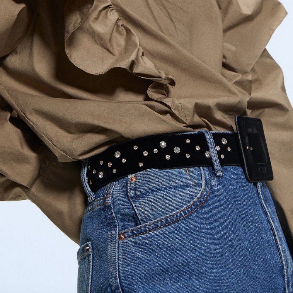 NWT ZARA BLACK VELVET BELT GEMS Rhinestones 90 M/L